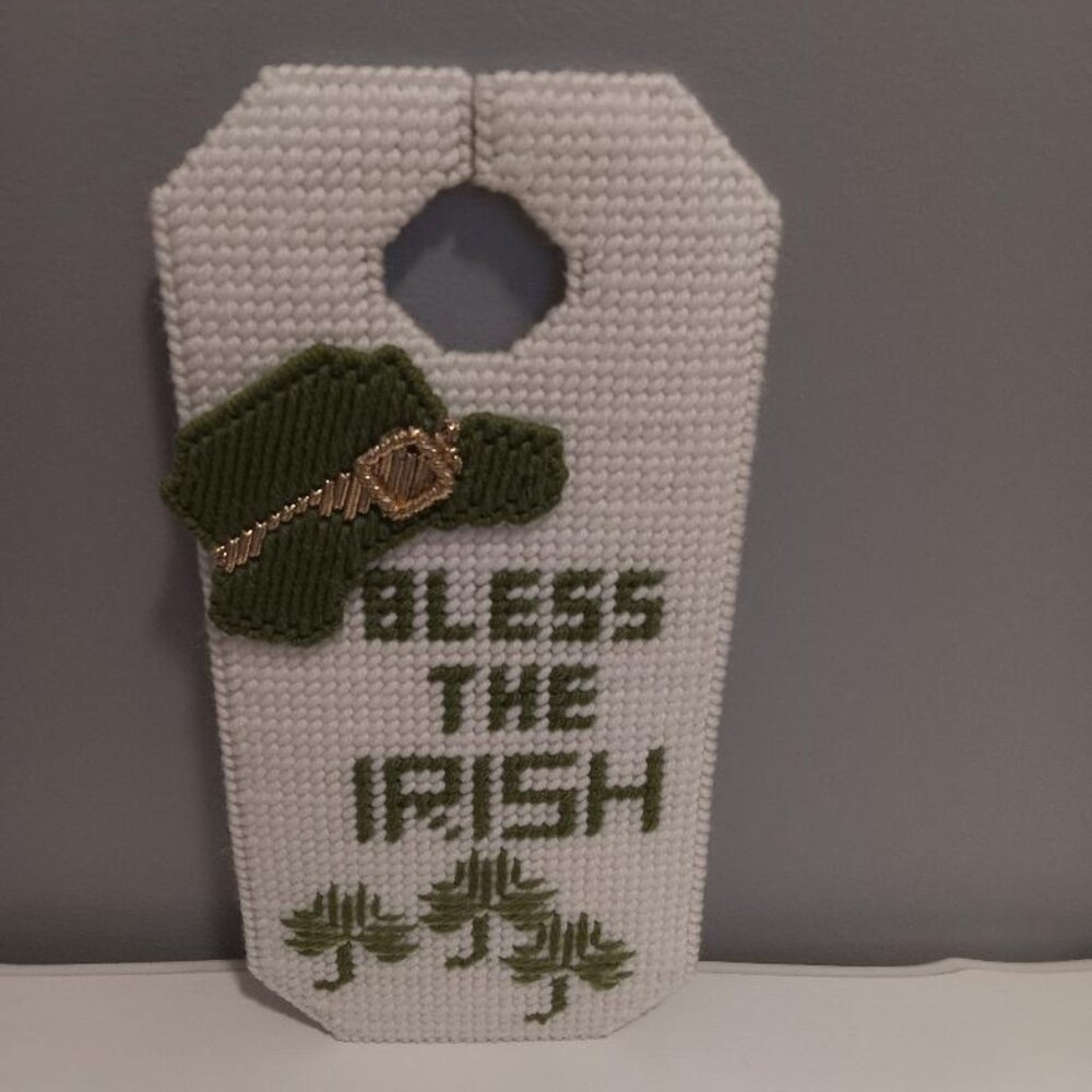 Homemade Plastic Canvas Needlepoint St Patrick's Day Door Hanger BLESS THE IRISH